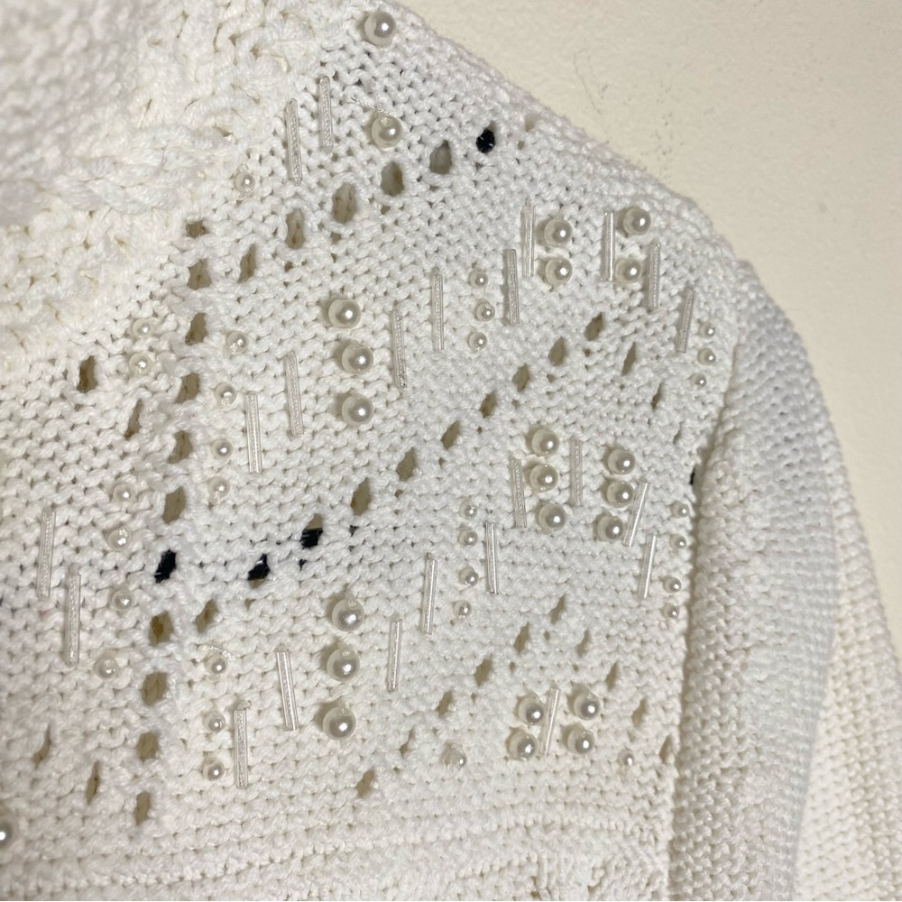 Woman's Cable Knit Sweater-Fringe, Faux Pearl, Turtleneck, Warm - Picture 5 of 9